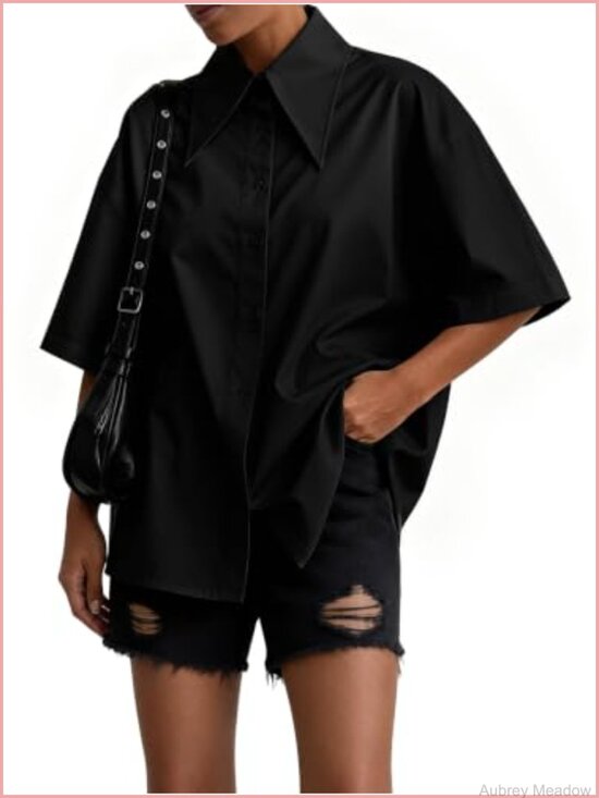 Tops - Oversize Collar Button Down Short Sleeve Work Blouse